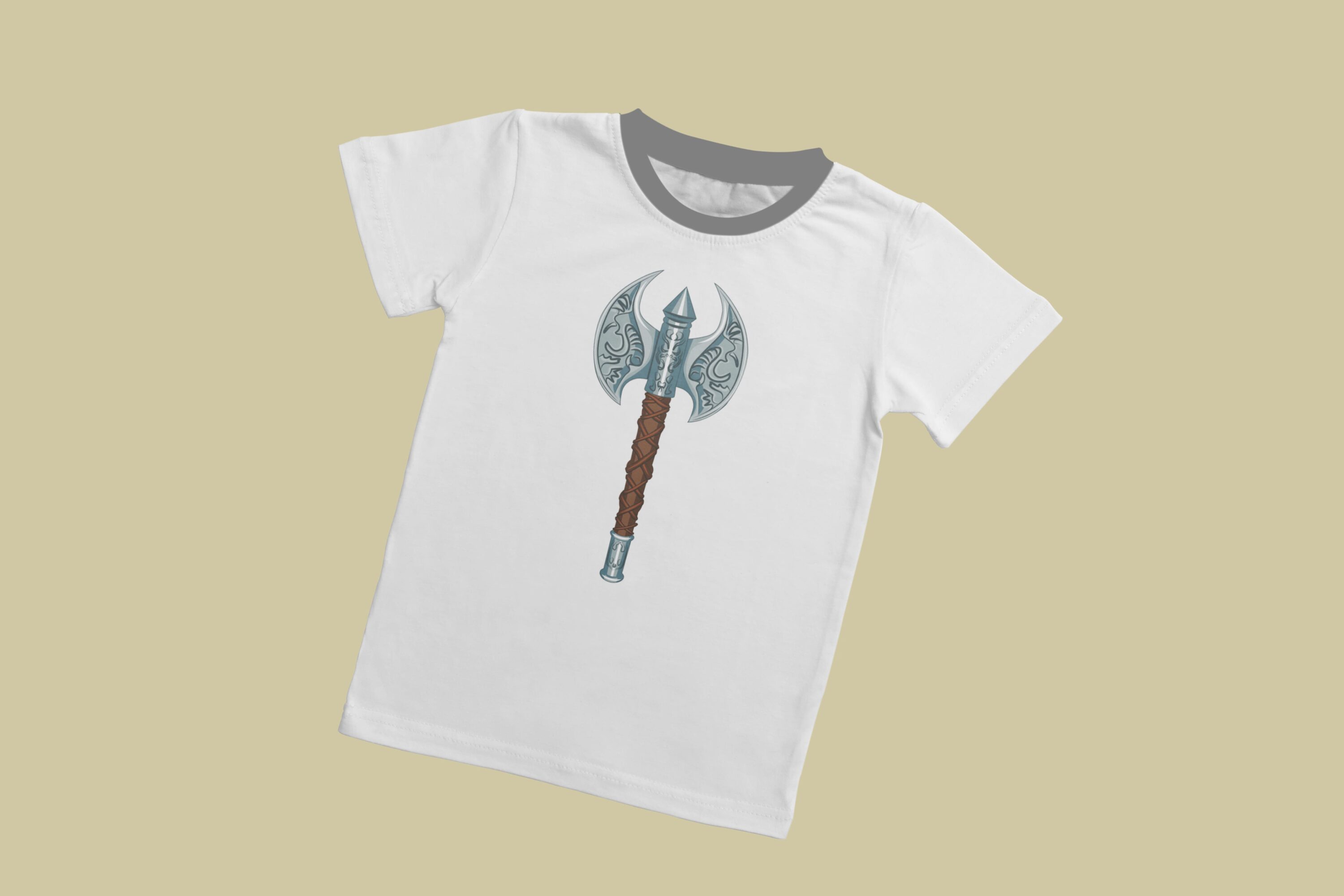 Cool viking axe with some ornament on the white t-shirt.