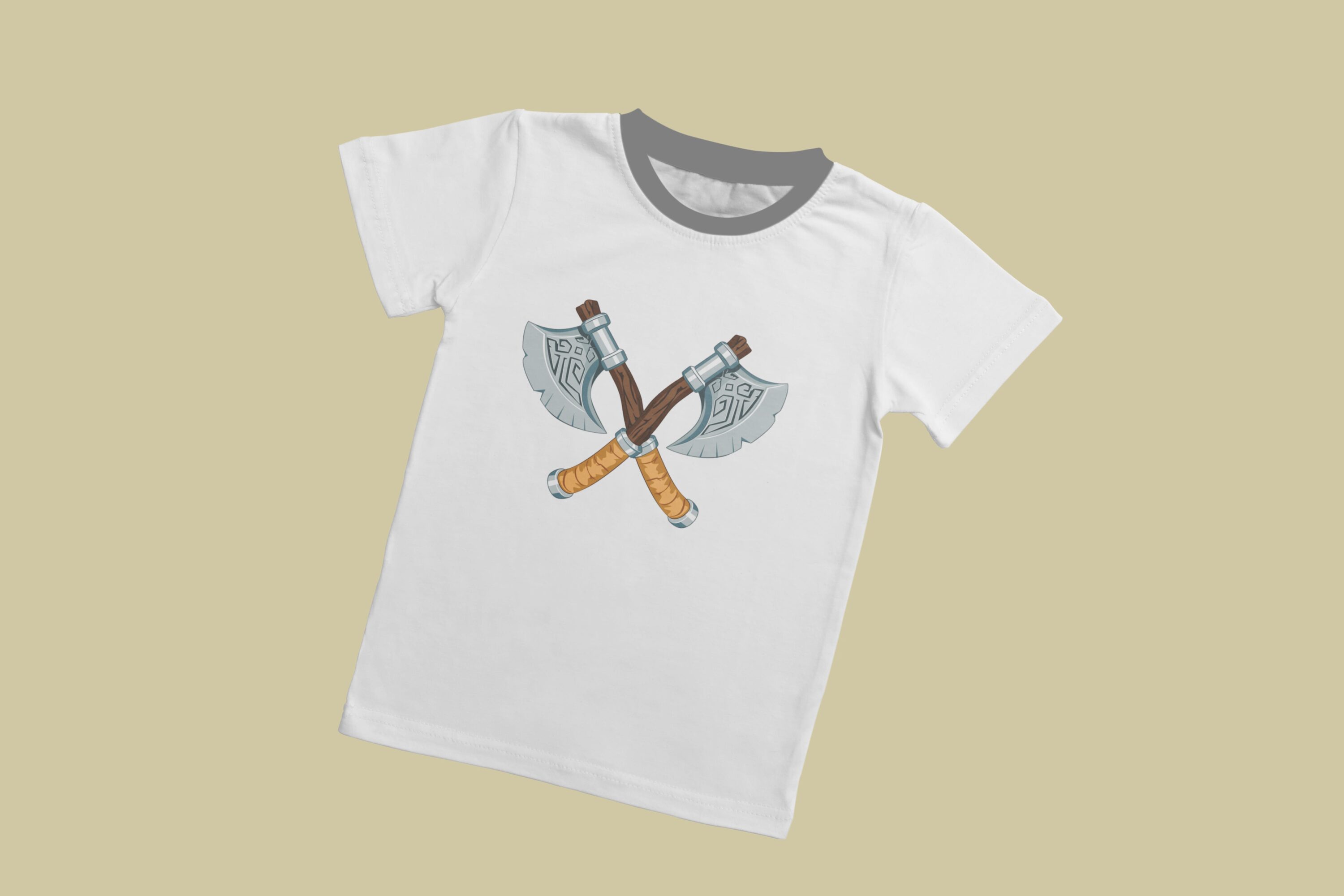 Two viking axes on the white t-shirt.