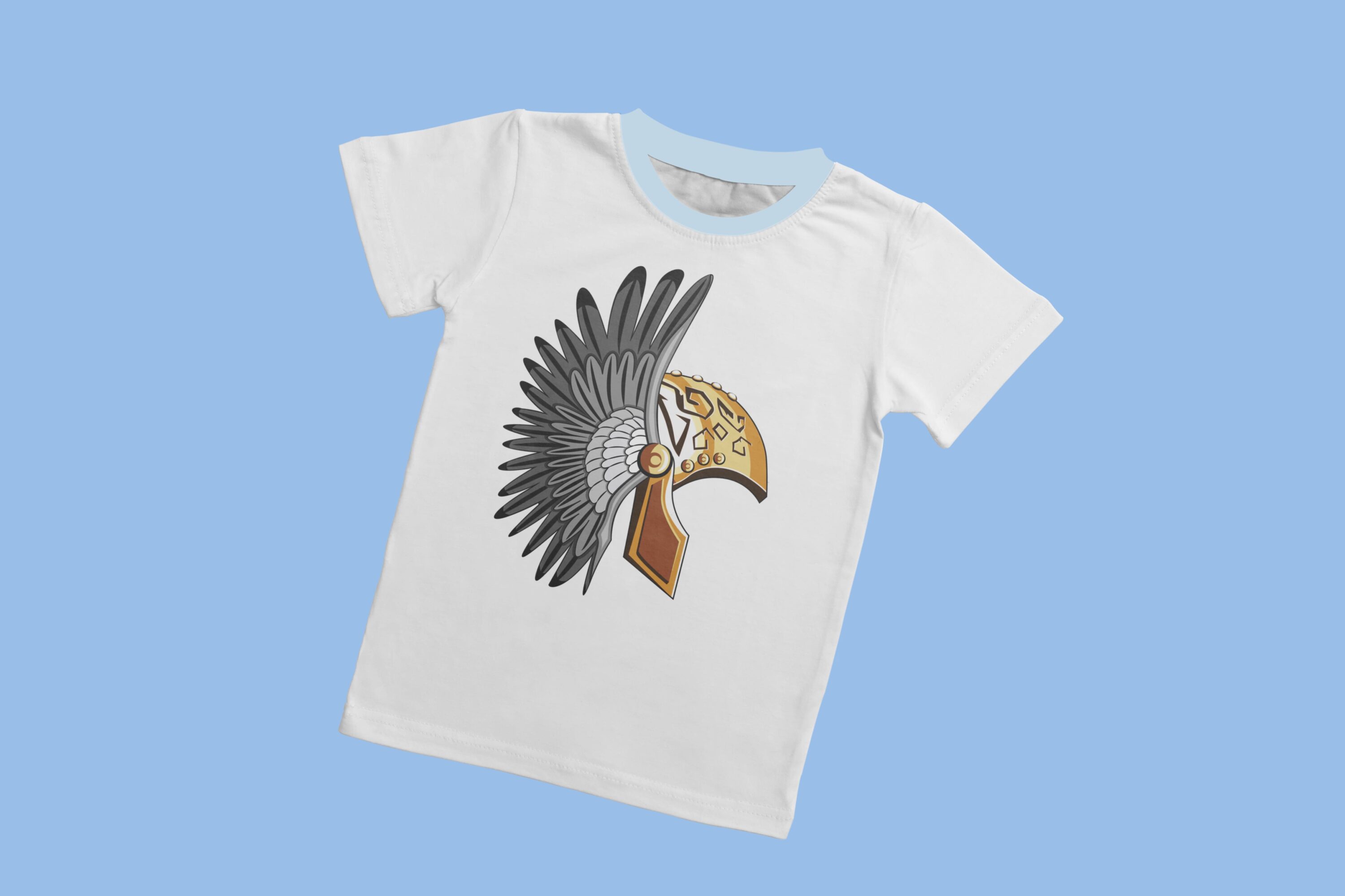 Viking helmet with the wings on the white t-shirt.