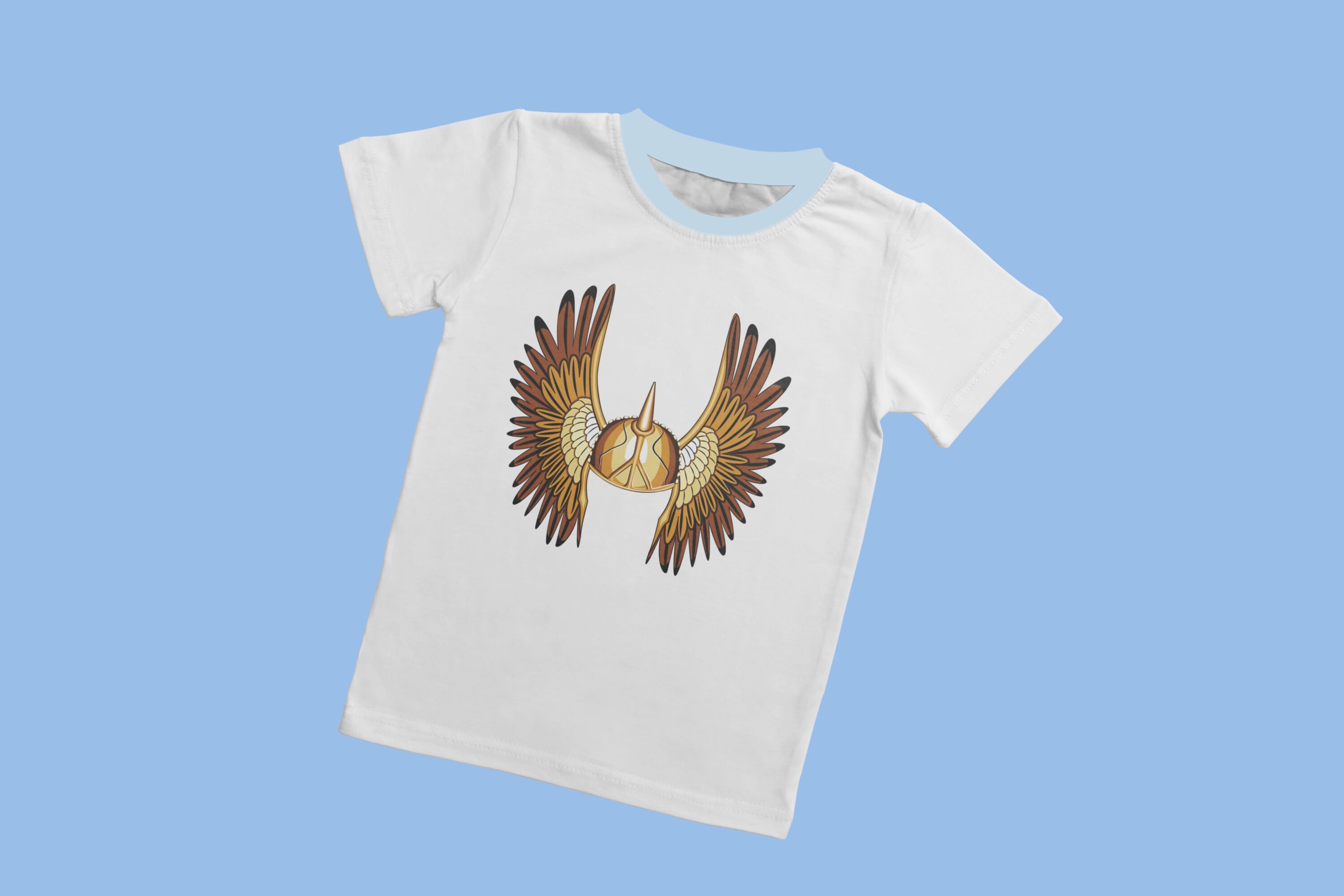 Gold viking helmet with wings on the classic white t-shirt.