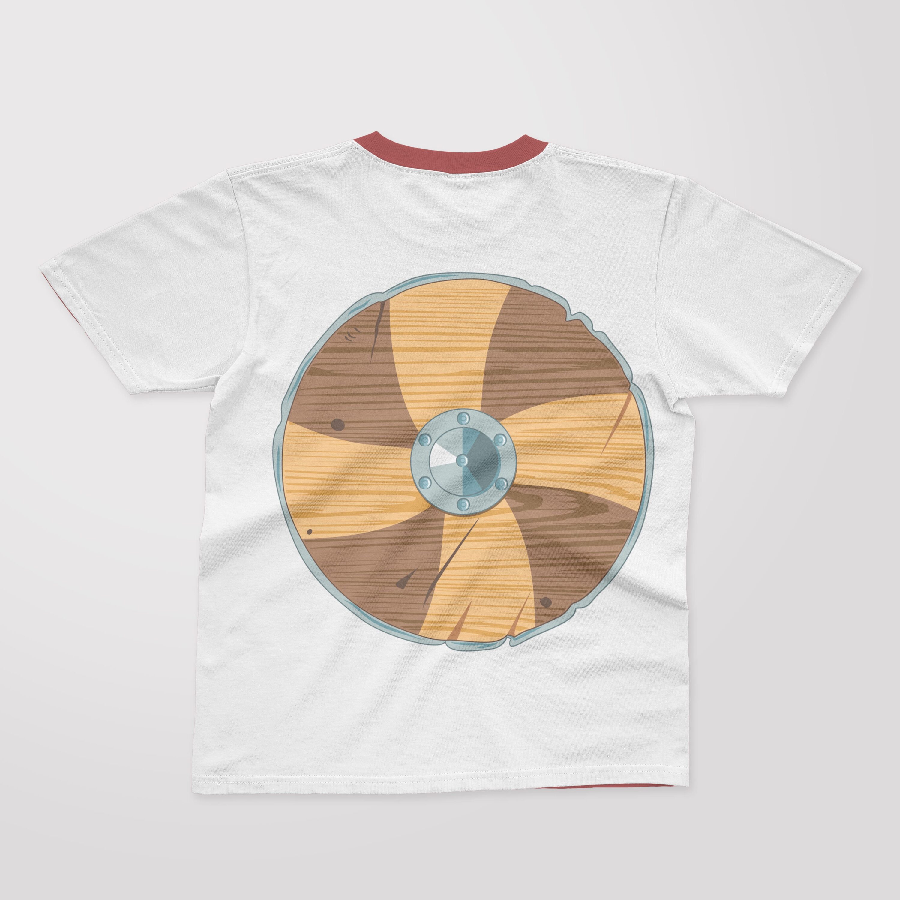 White t-shirt with the wooden wheel.