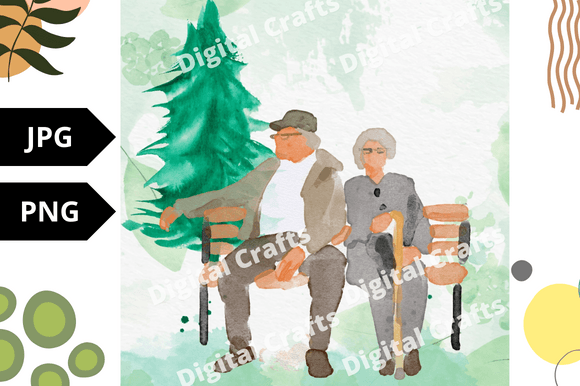 Charming watercolor image of an old couple sitting on a bench.