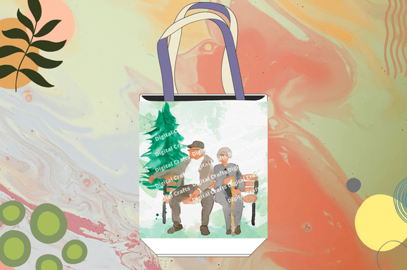 Bag with a wonderful print of an old couple sitting on a bench.