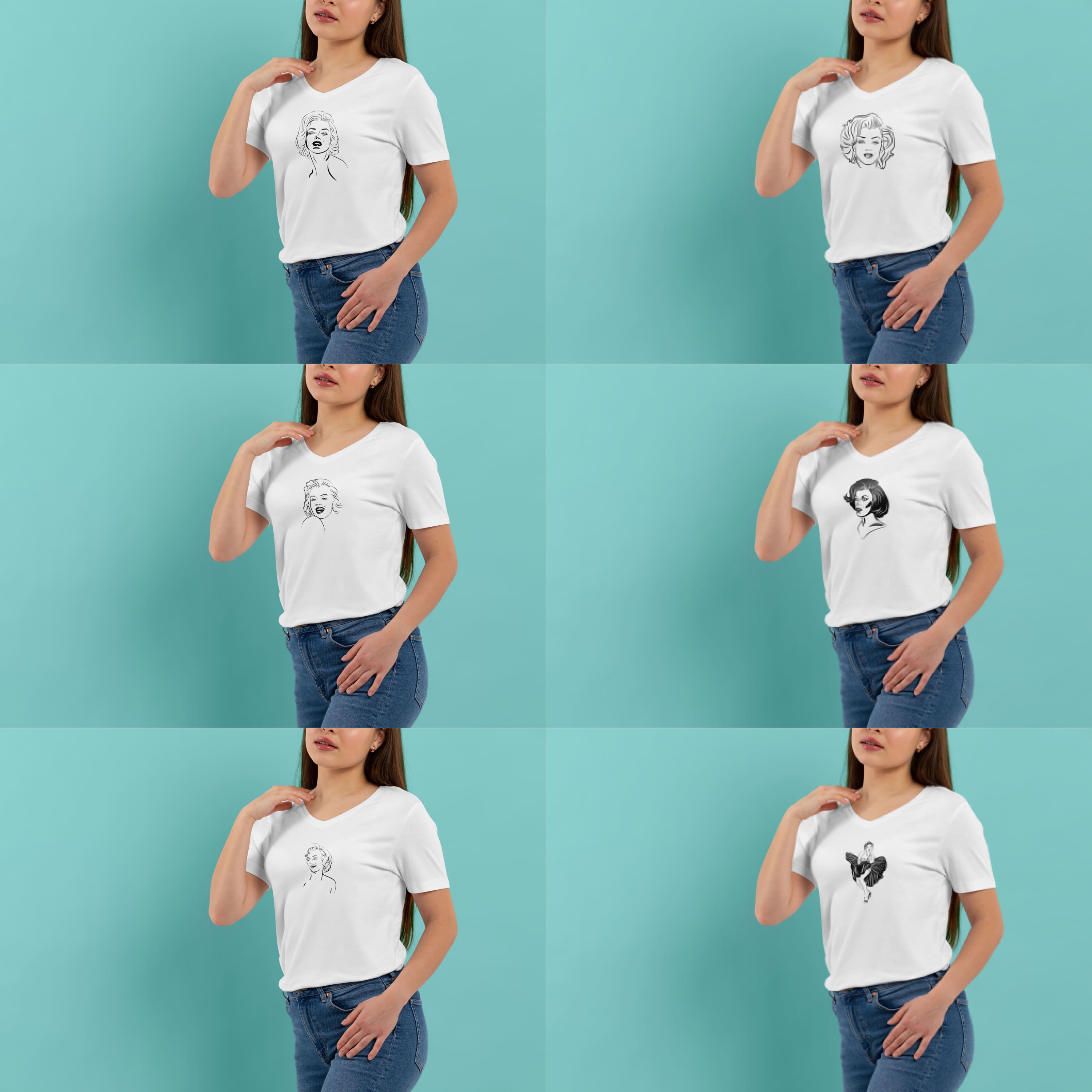A collection of images of t-shirts with an irresistible vinyl print of Marilyn Monroe.