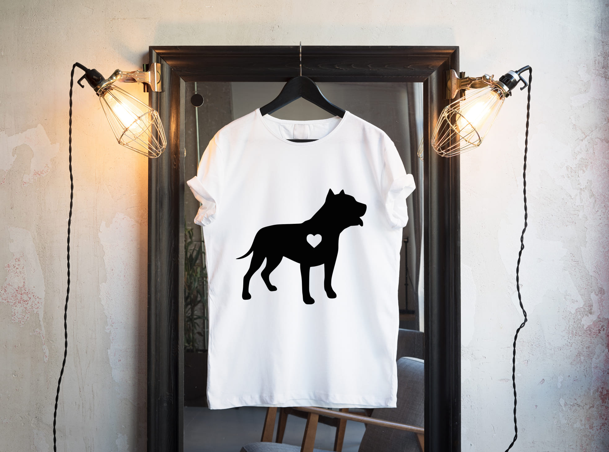 White t-shirt with the pitbull in the silhouette style with the heart.