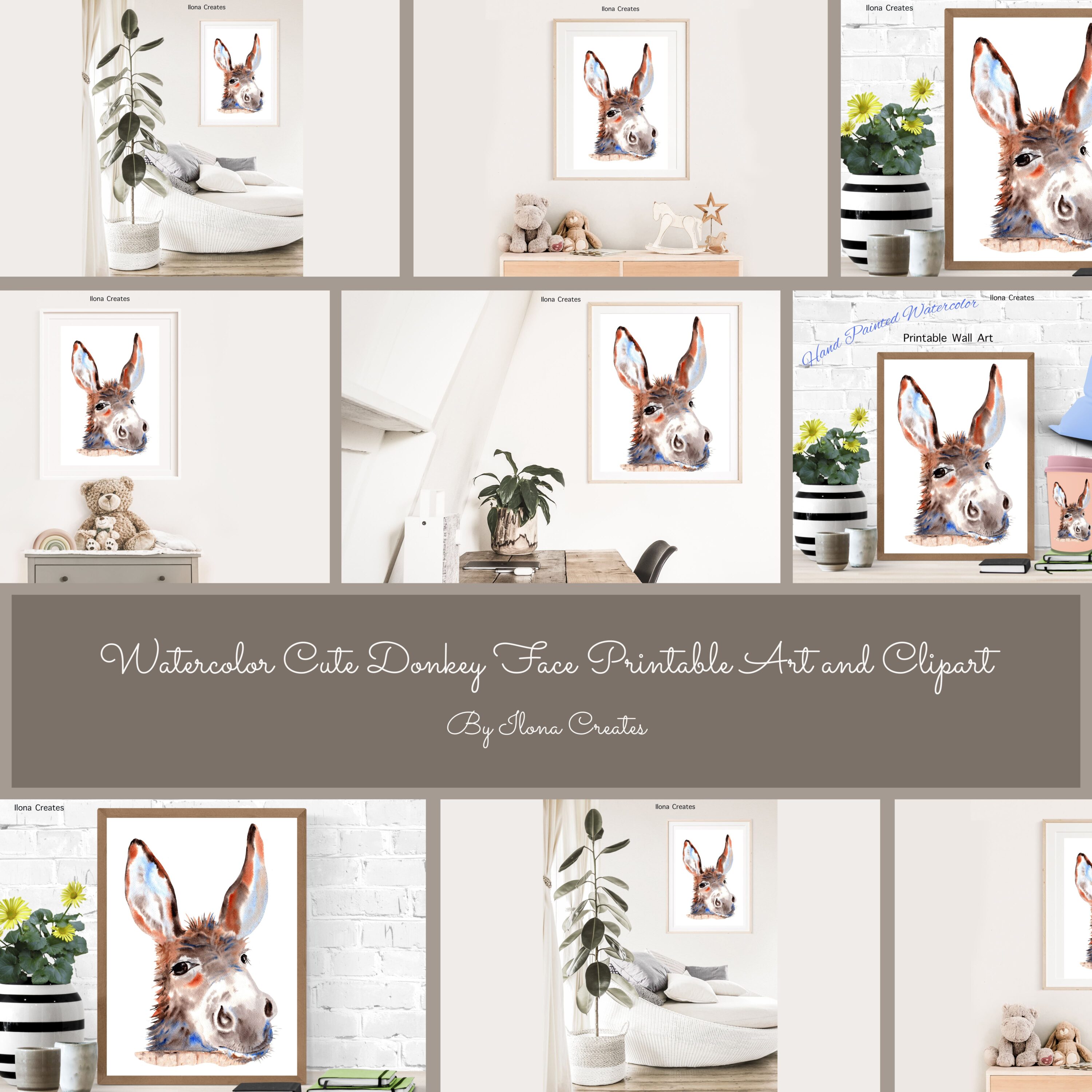 Watercolor Cute Donkey Face Printable Art and Clipart.