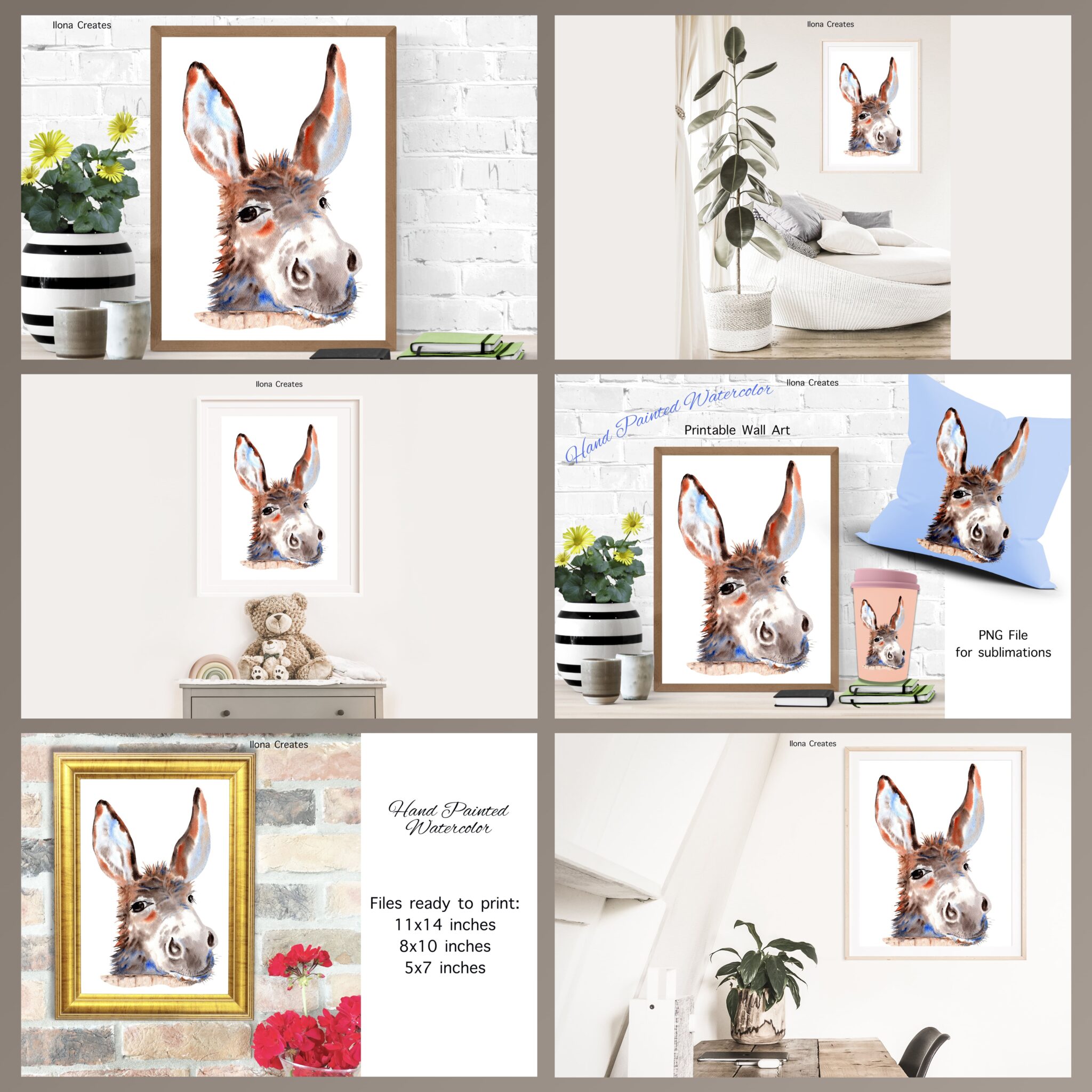 Watercolor Cute Donkey Face Printable Art and Clipart MasterBundles