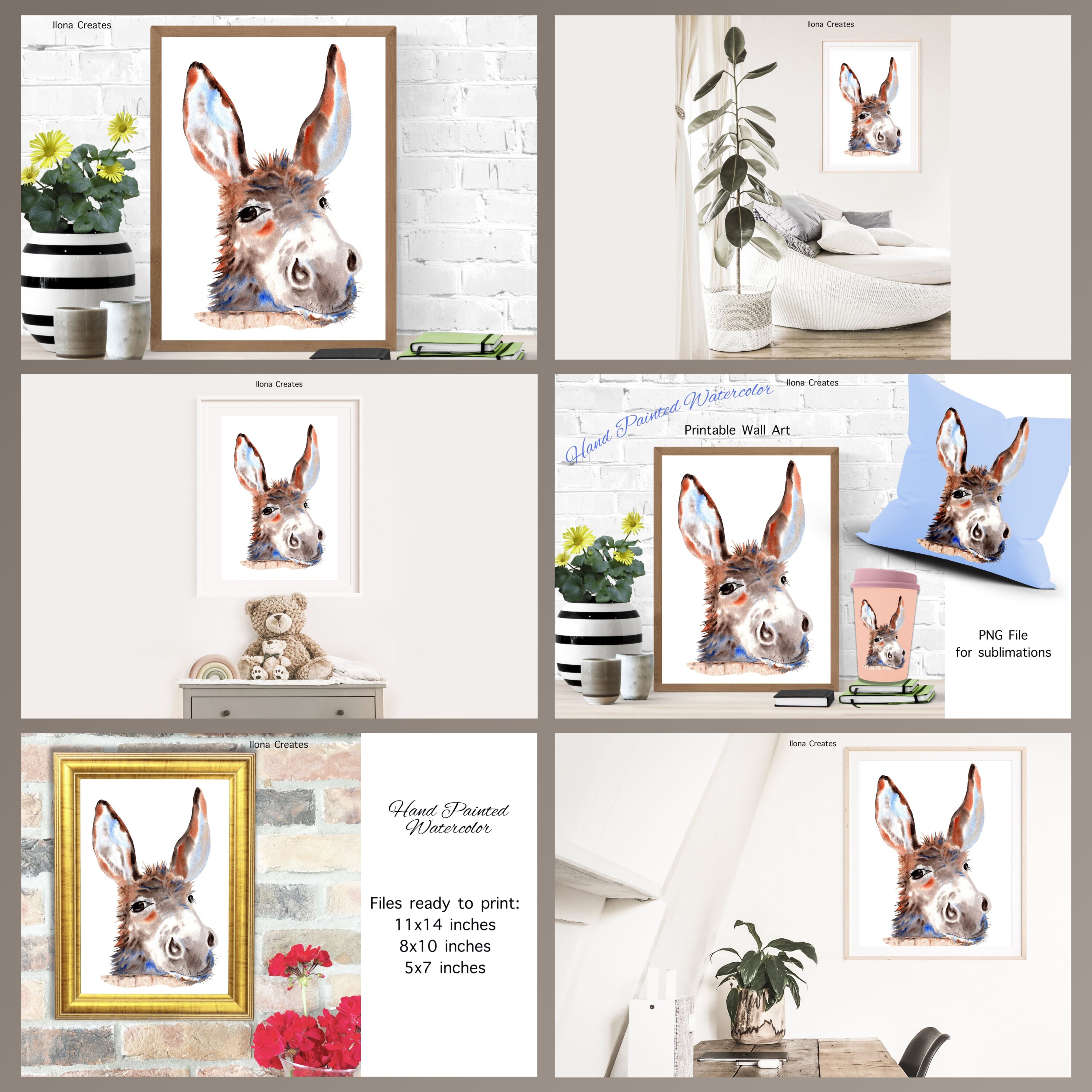 Watercolor Cute Donkey Face Printable Art and Clipart cover.