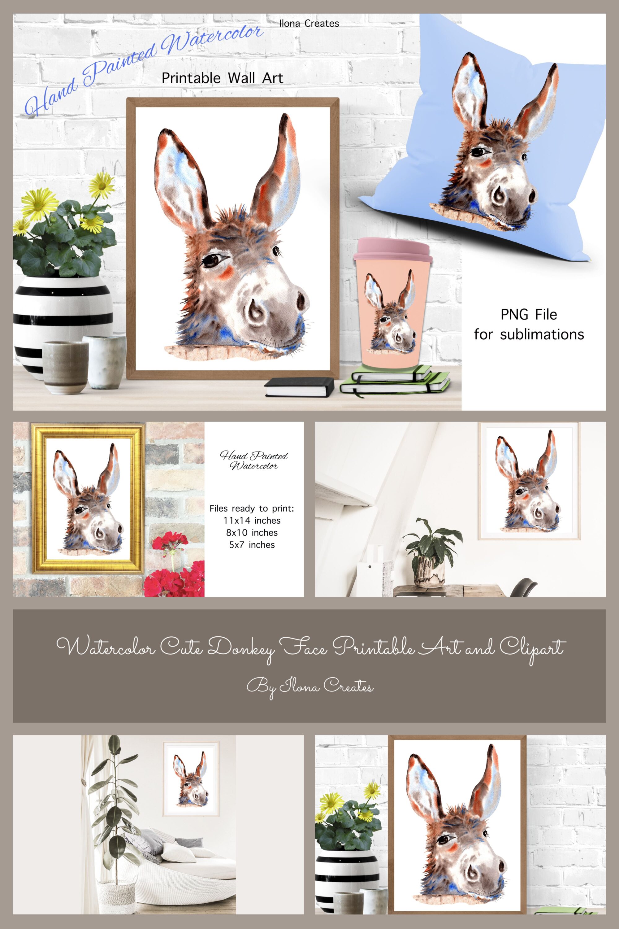 watercolor cute donkey face printable art and clipart 03 87