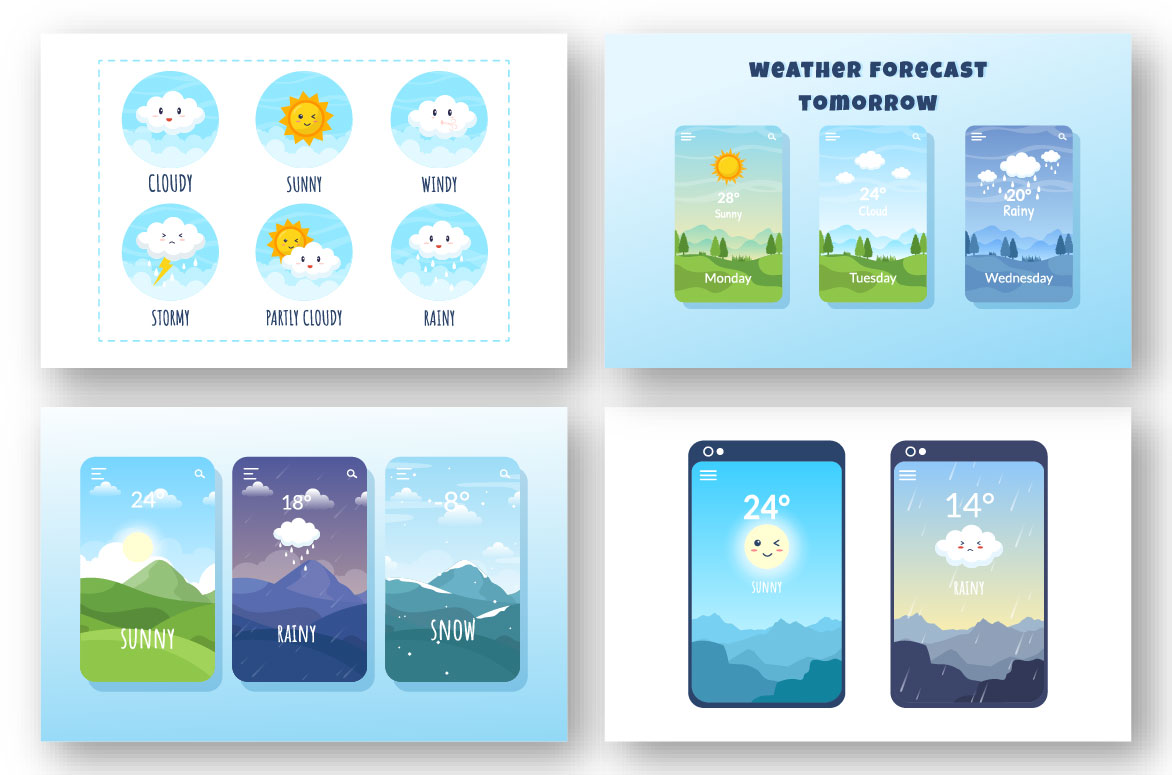 Weather forecast with 11 Types of Weather Conditions Illustration.