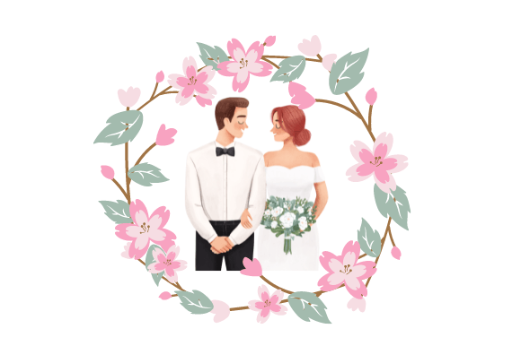 Illustration of a wedding couple in a round floral frame.