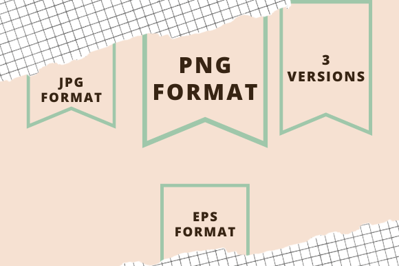 4 different transparent fragments with green frames and the black letterings "JPG Format", "PNG Format", "EPS Format" and "3 Versions" on a pink background.