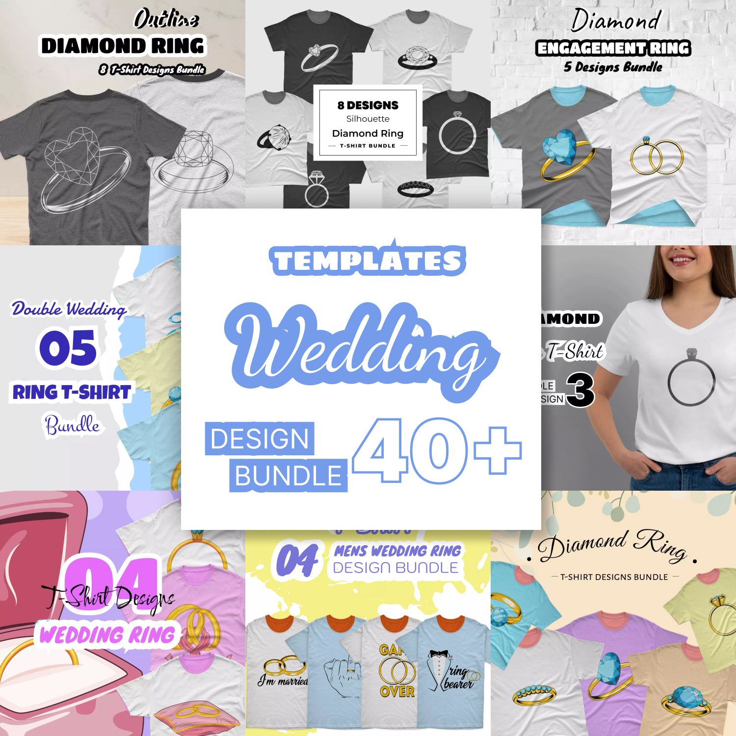 Set of images of t-shirts with colorful prints on the wedding theme.