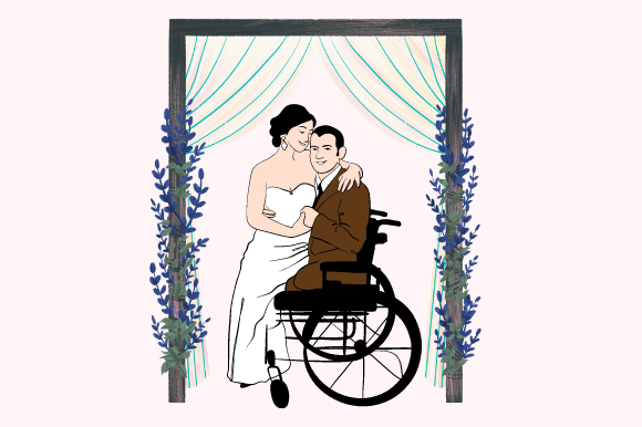 Adorable image of wedding couple with wheelchair.