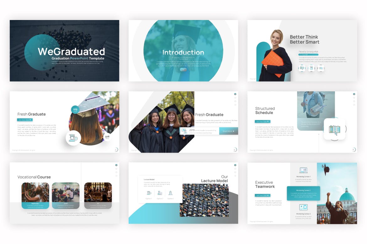 A collection of images of beautiful presentation template slides on the theme of graduation..