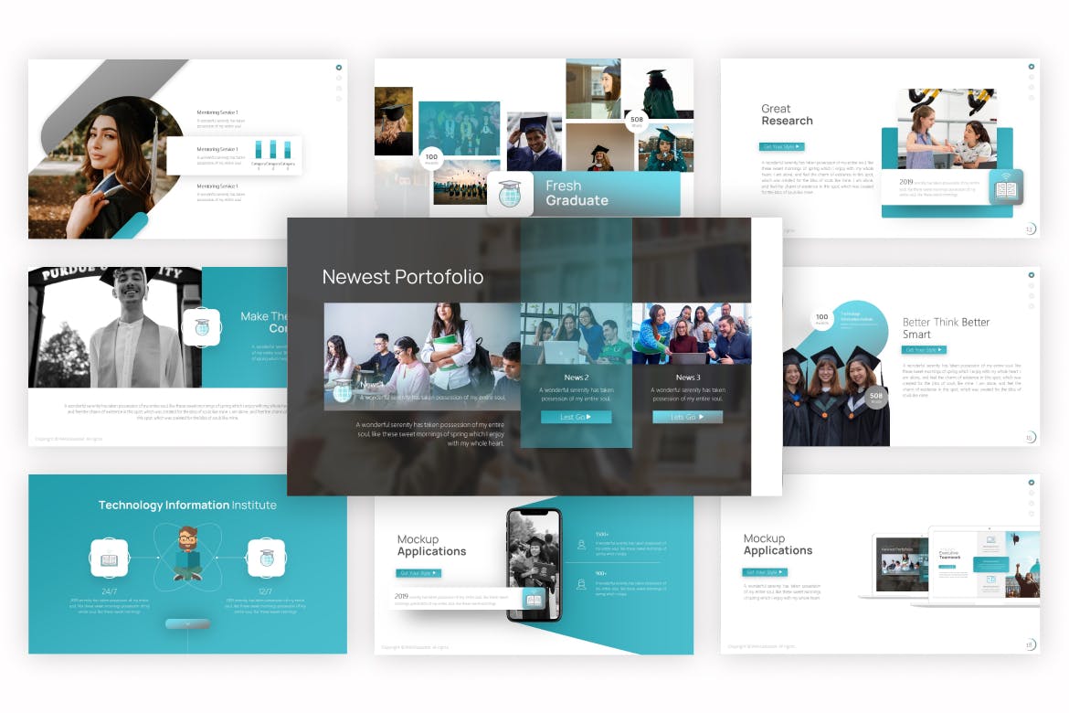 A selection of images of colorful slide presentation template on the theme of graduation.