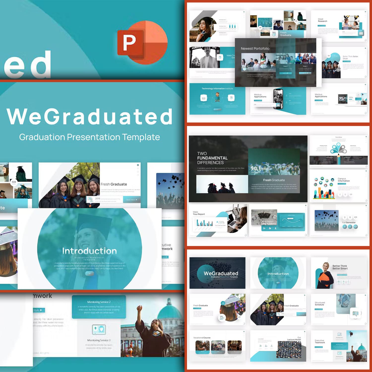 A pack of images of enchanting slides of a presentation template on the theme of graduation.