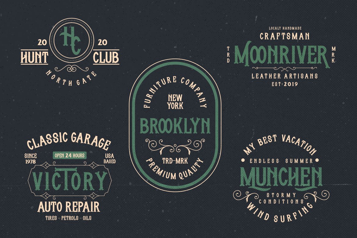 Some badges by green and beige fonts.