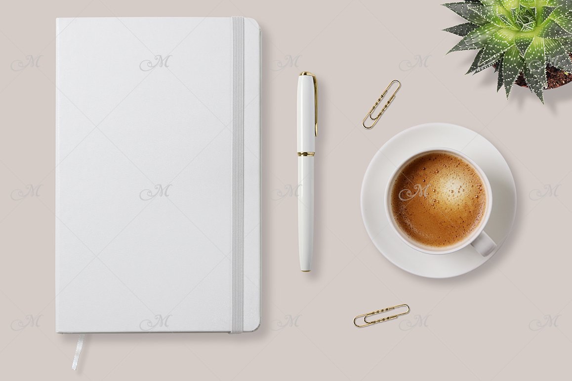 White notebook mockup with a white rubber band bookmark, a white pen and a white cup of coffee on a white background.