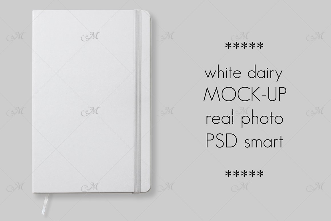 White notebook mockup with a light blue rubber band bookmark on a gray background.