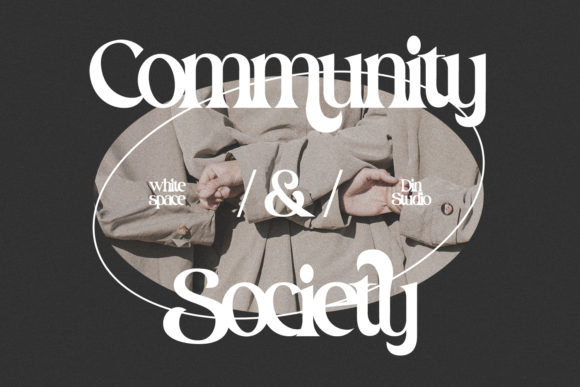 White lettering "Community & Society" in serif font on a black background with a vintage image.