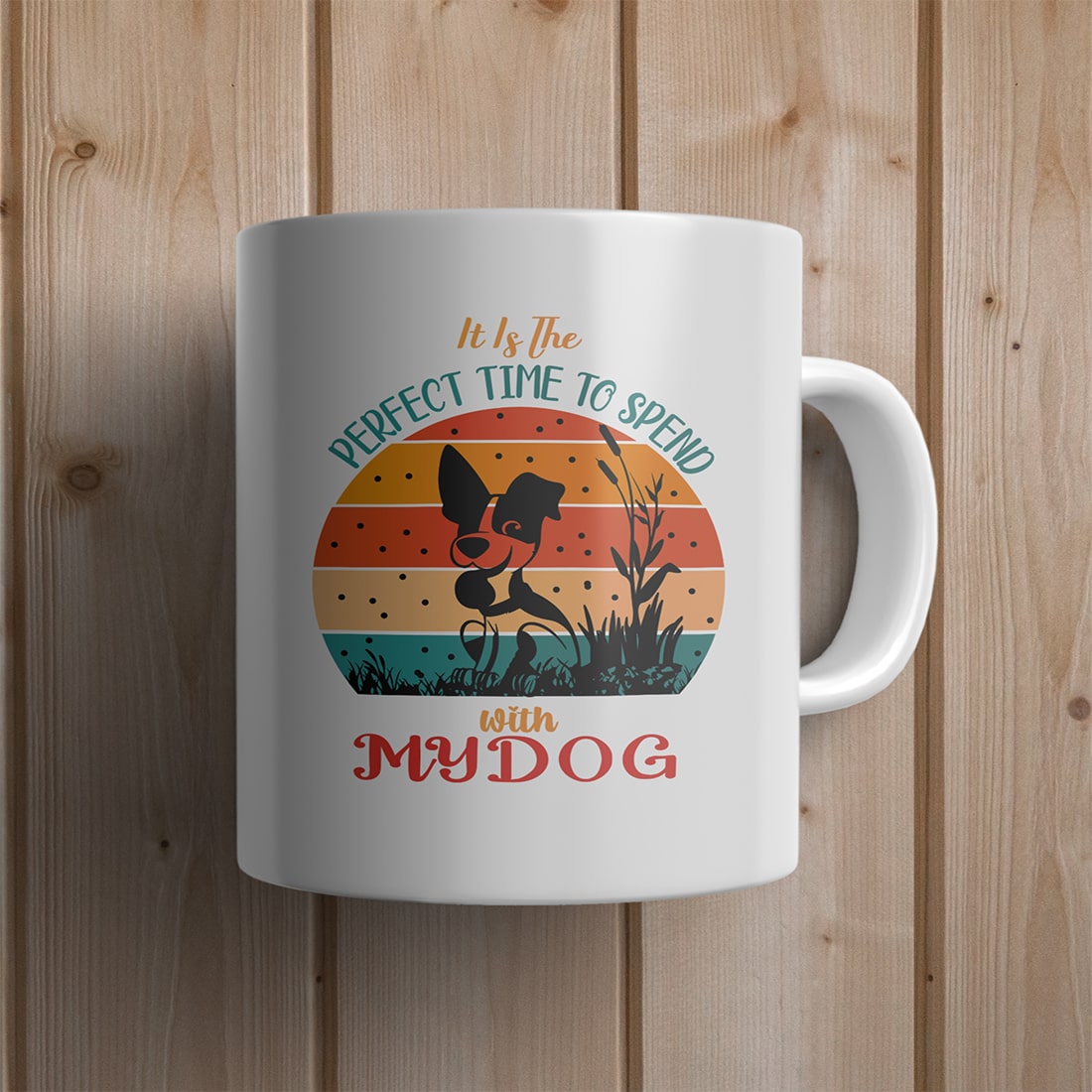 3 Dog T-shirt Design Bundle with white mug on wooden surface mockup.