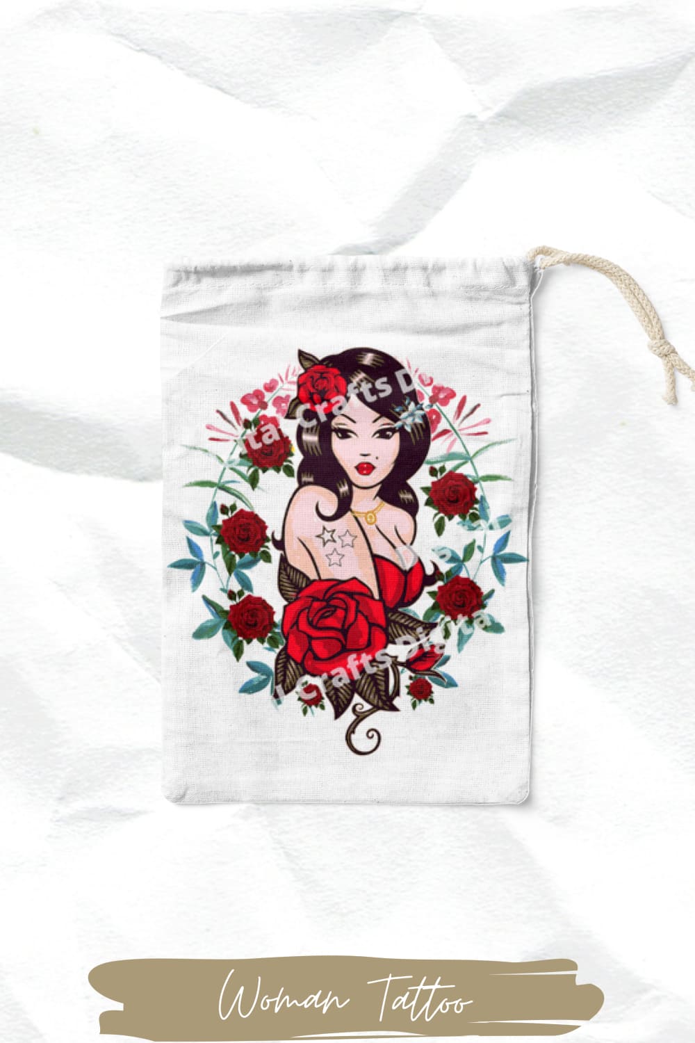 Image of a white bag with a colorful print of a girl with a tattoo.