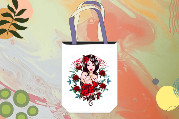 Image of a white bag with a wonderful print of a girl in a red dress with a tattoo.