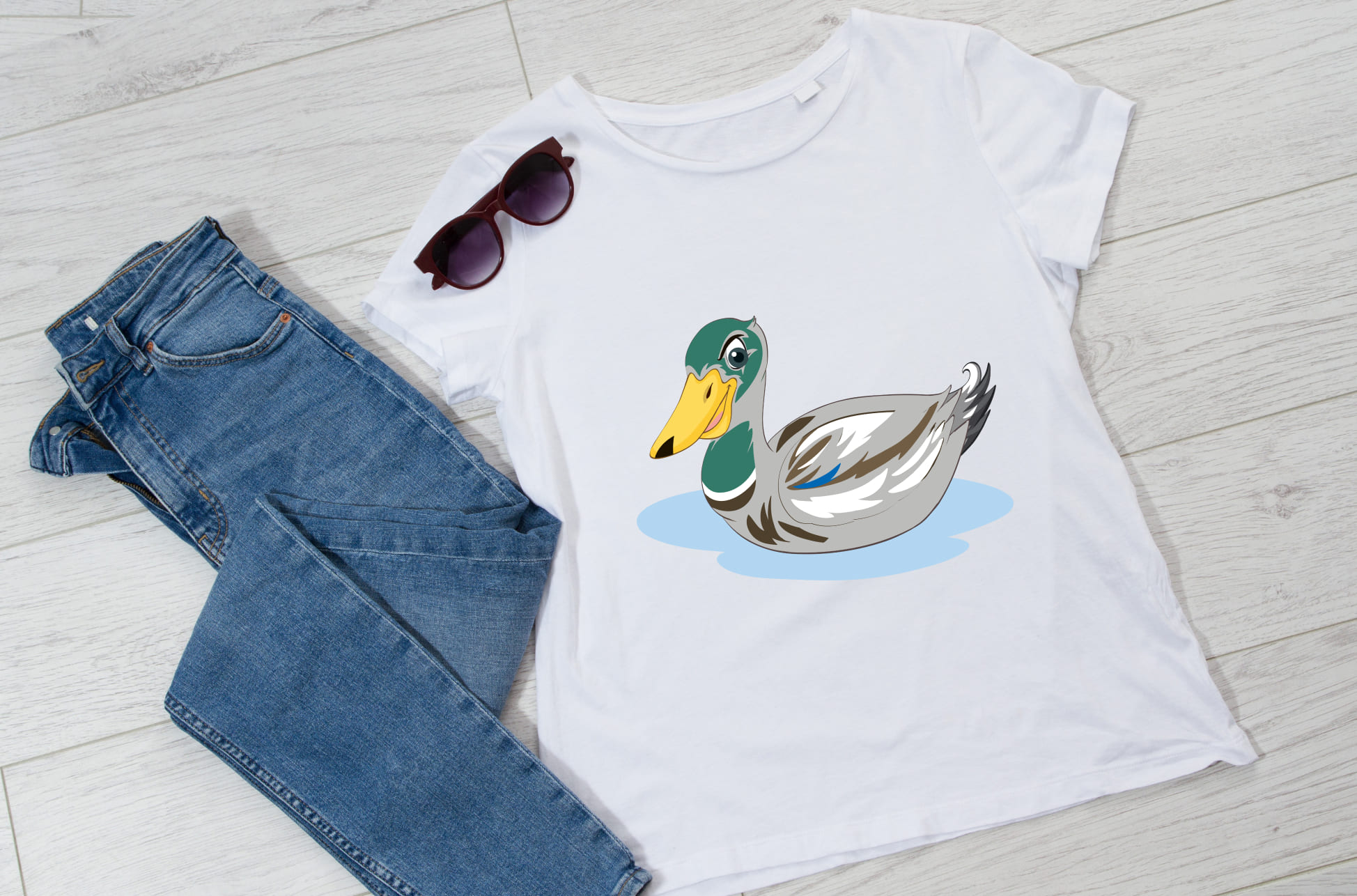 Image of white t-shirt with funny wood duck print.