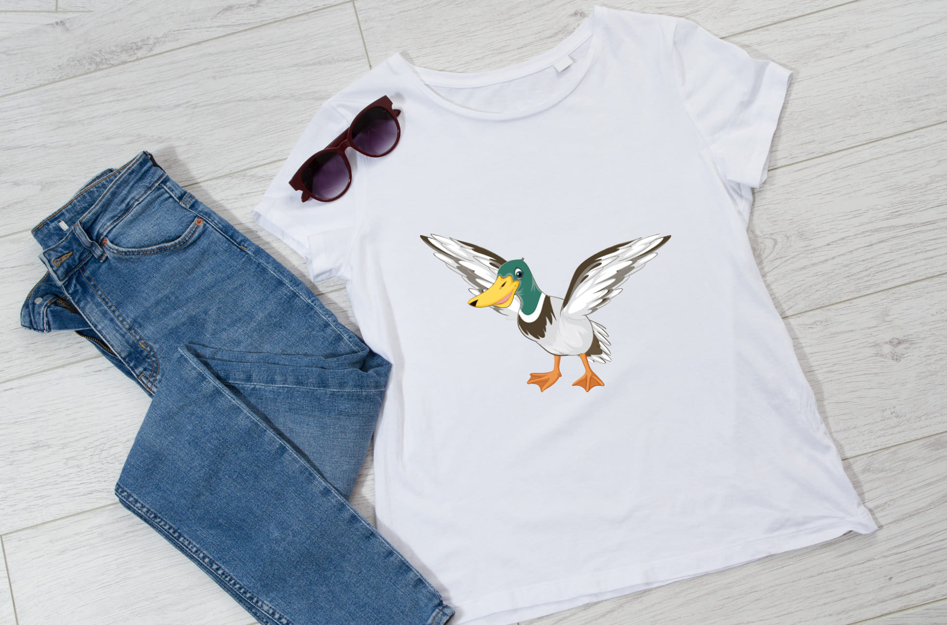 Image of white t-shirt with unique wood duck print.