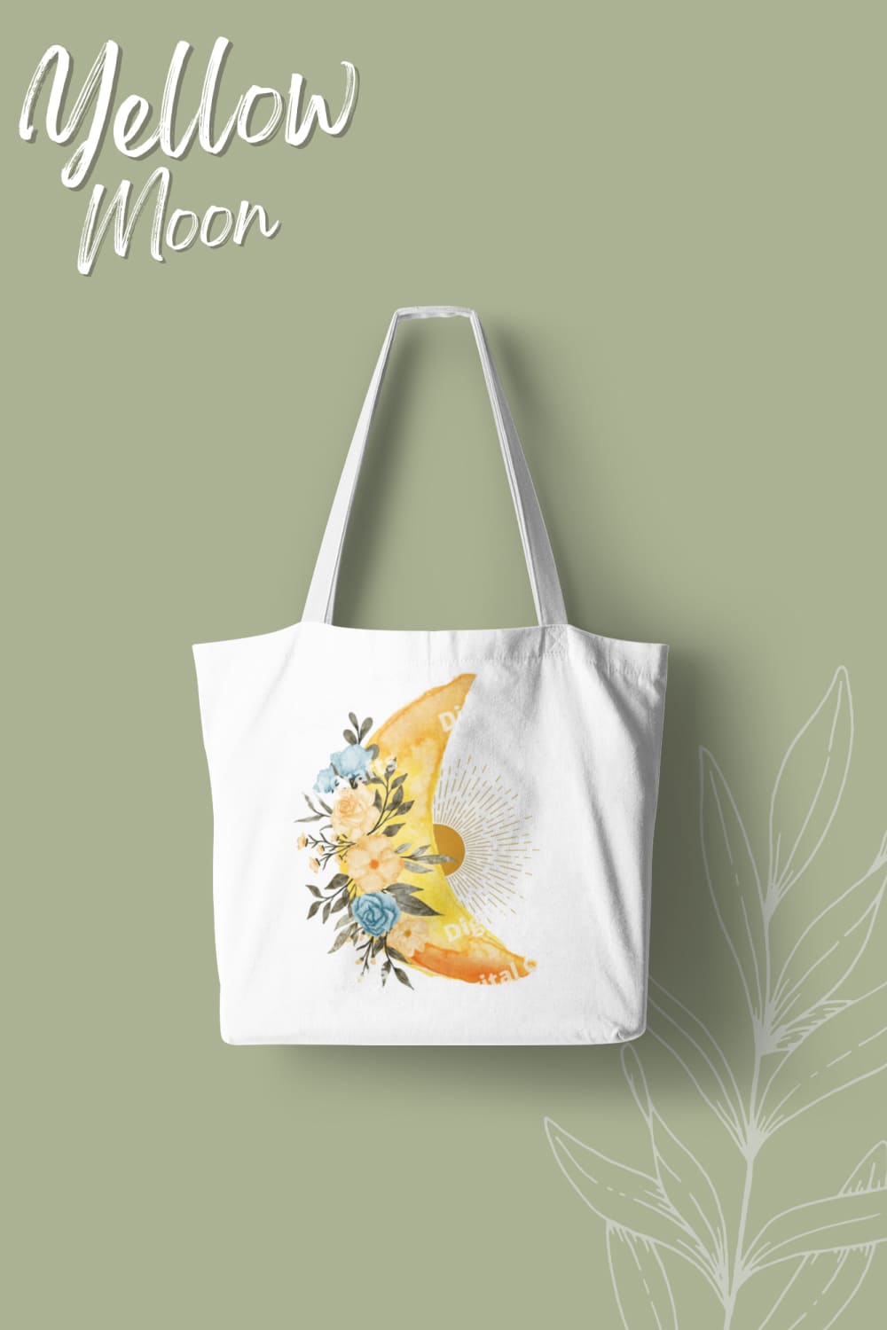 Image of a white bag with a wonderful yellow moon print with watercolor flowers.
