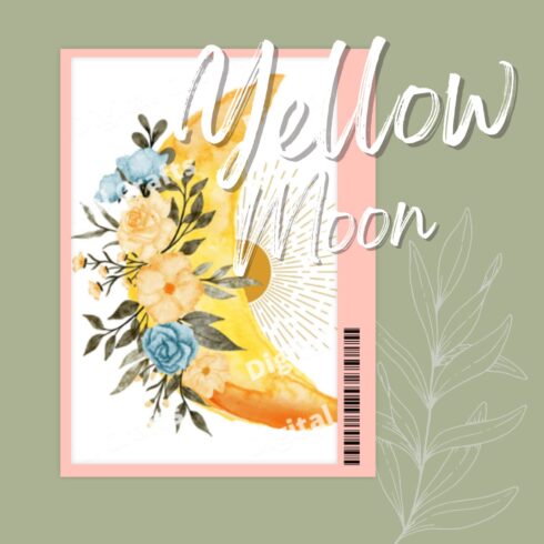 Charming image of yellow moon with watercolor flowers.