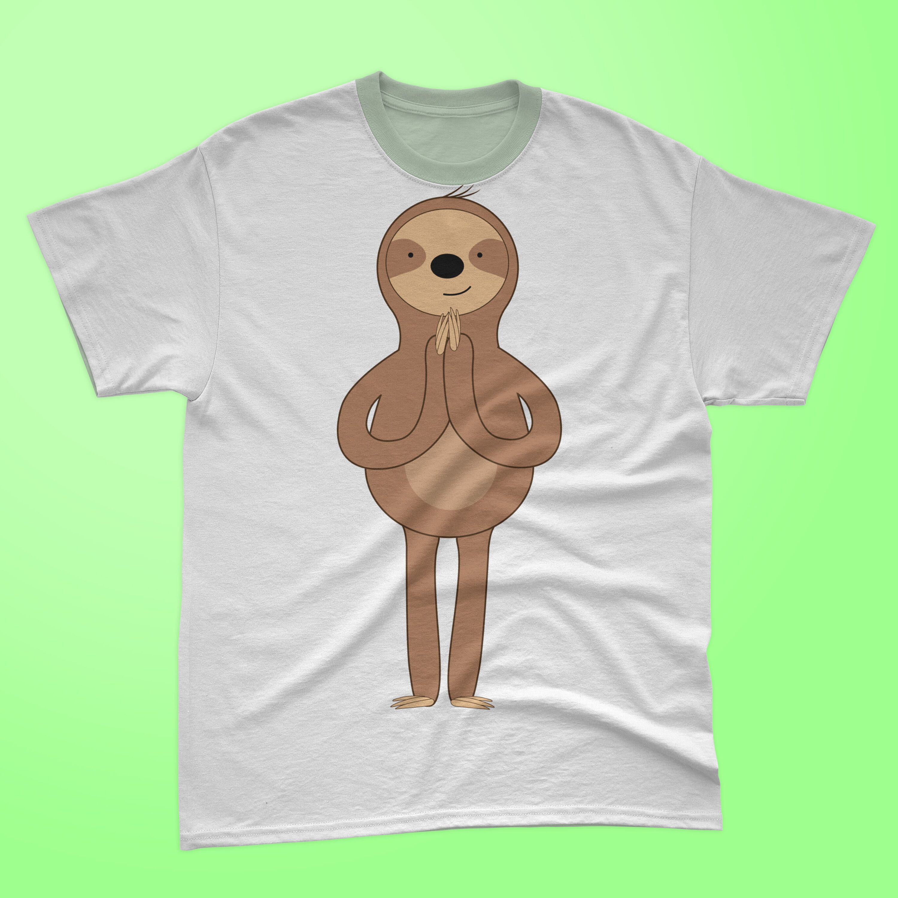 Image of white t-shirt with wonderful yoga sloth print.