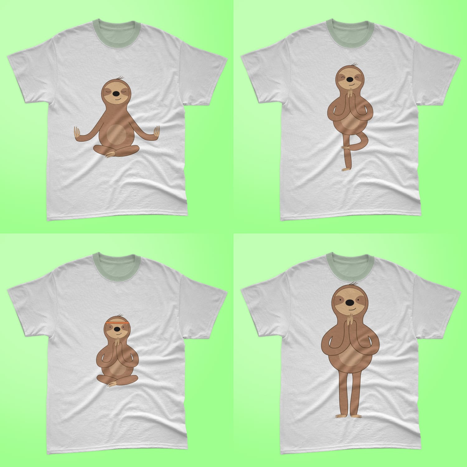 Collection of t-shirts with adorable yogi sloth prints.