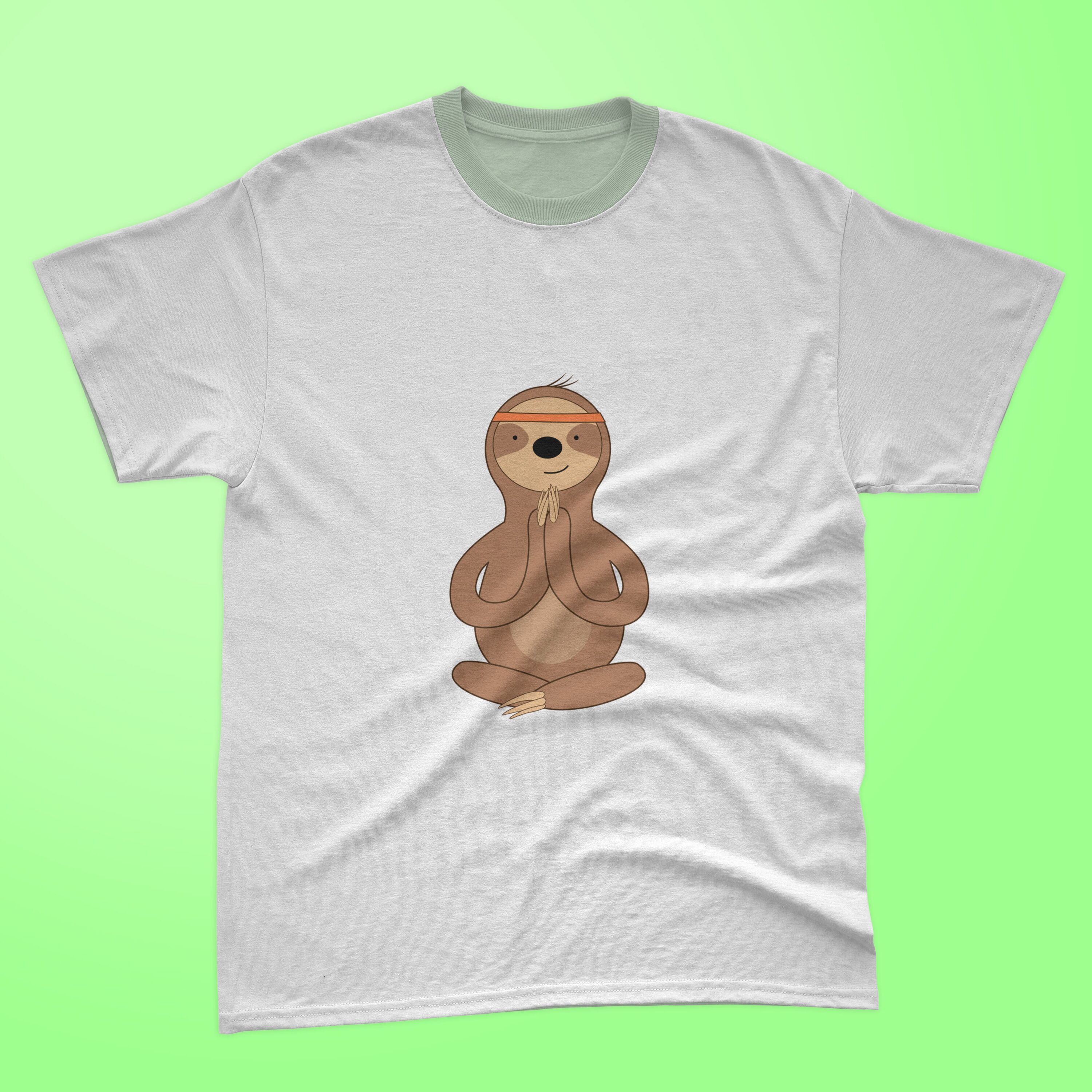 Image of a white t-shirt with a colorful print of a sloth doing yoga.