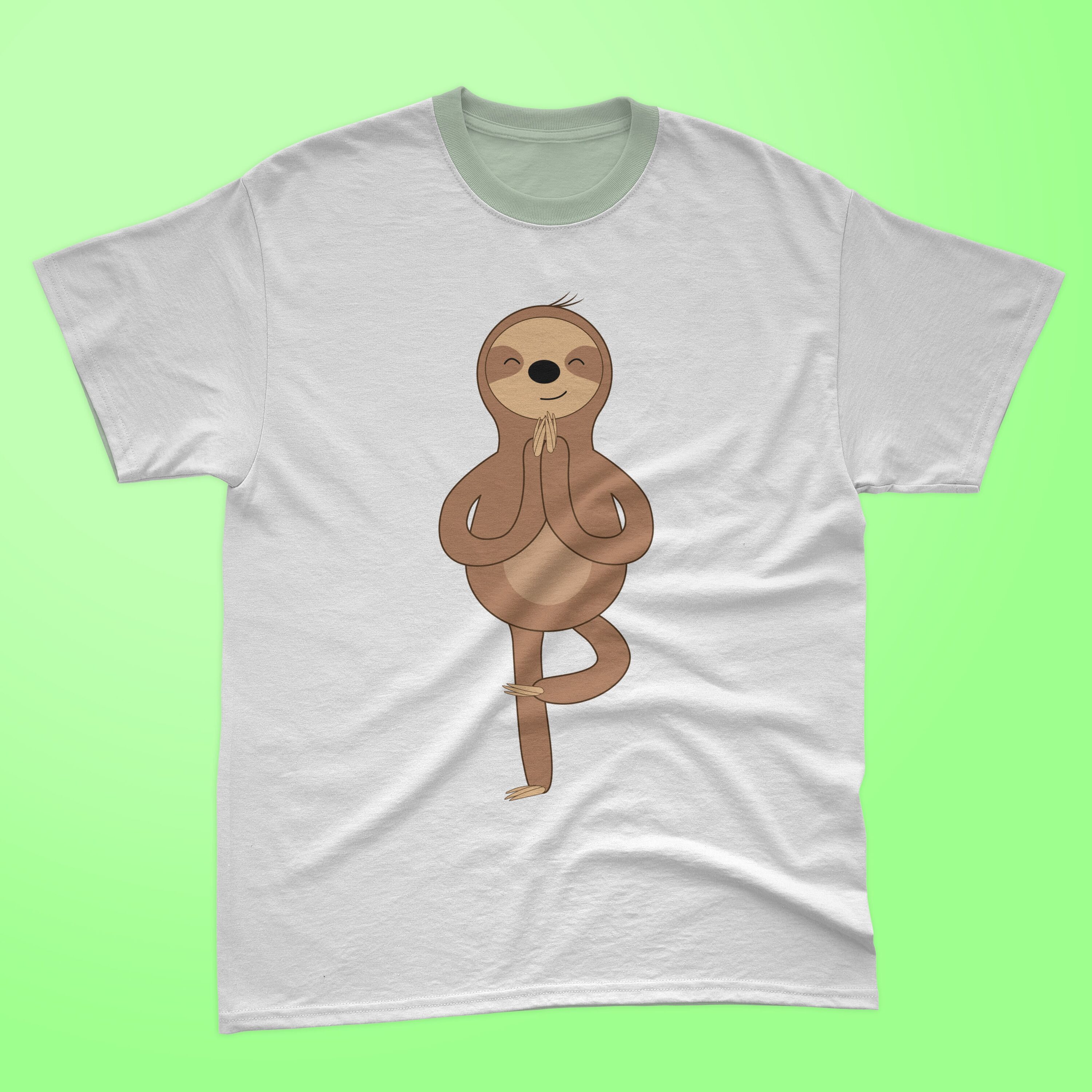 Image of white t-shirt with cute yoga sloth print.