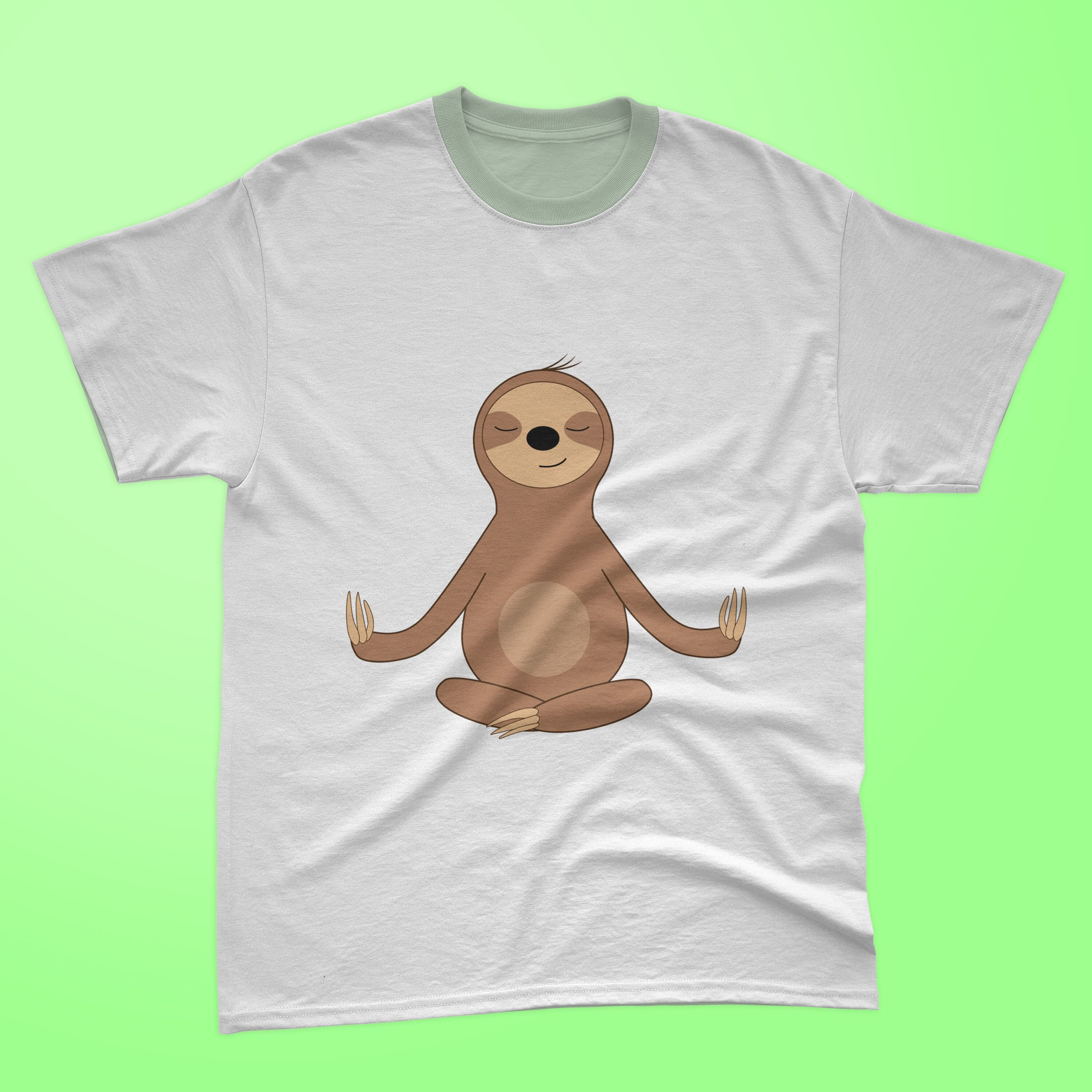 Image of a white t-shirt with a beautiful print of a sloth doing yoga.