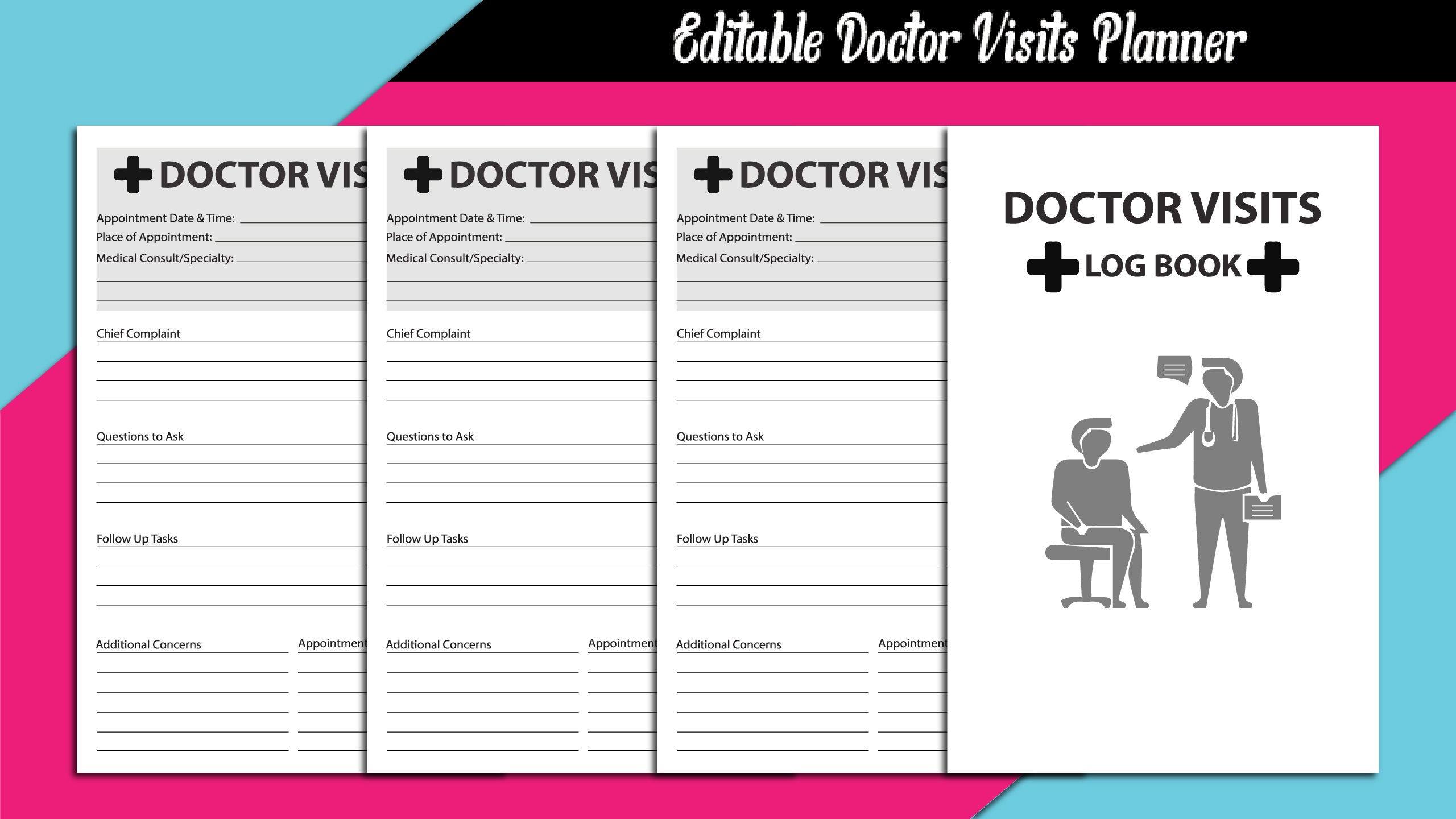 Doctor Visit Editable Log Book Planner facebook image.