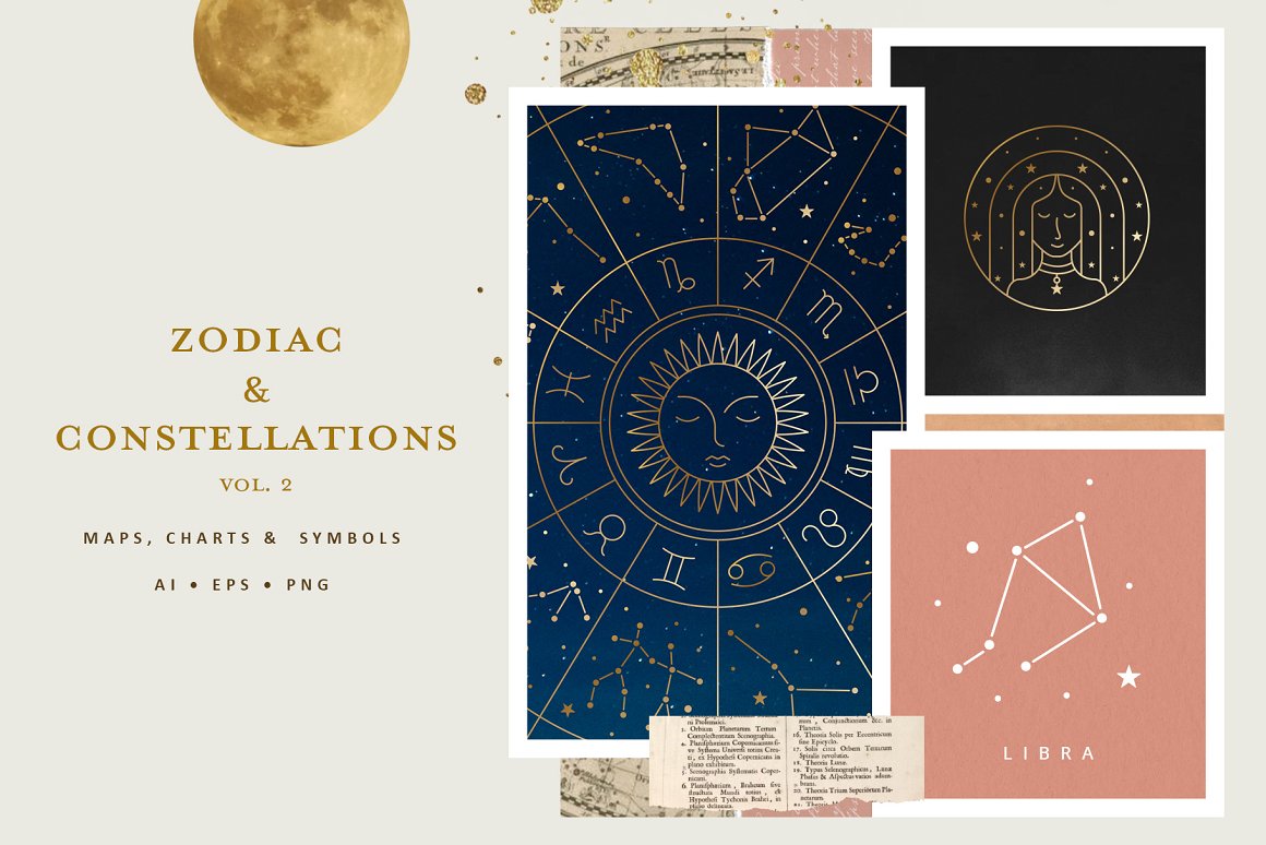Golden lettering "Zodiac & Constellation" and 3 different card in blue, black and pink with zodiac signs and constellations on a gray background.