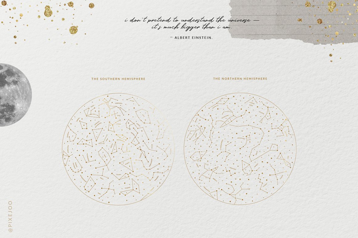 The golden southern hemisphere and the golden northern hemisphere on a gray background.