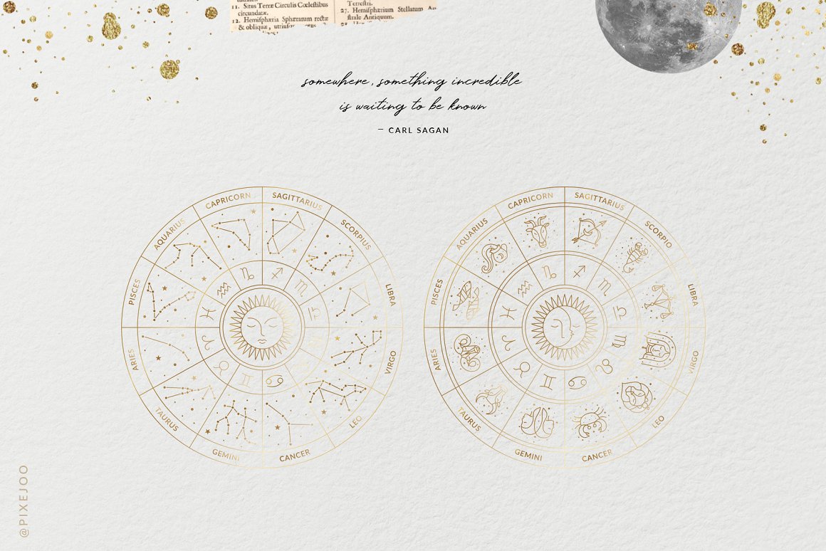 2 different golden zodiac wheels on a gray background.