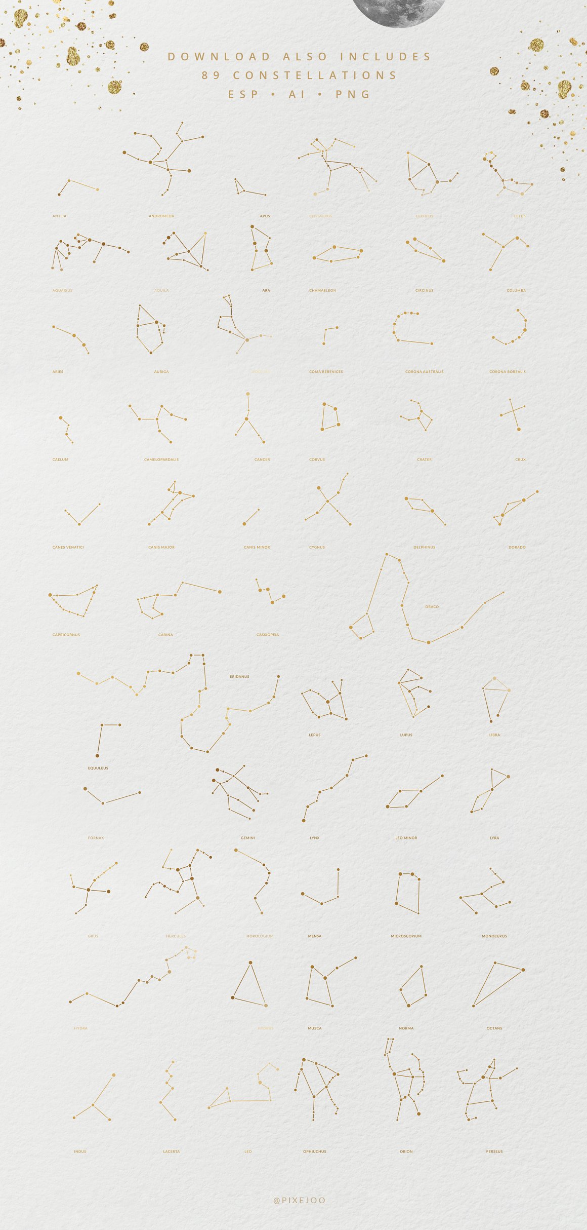A golden set of different zodiac constellations on a gray background.