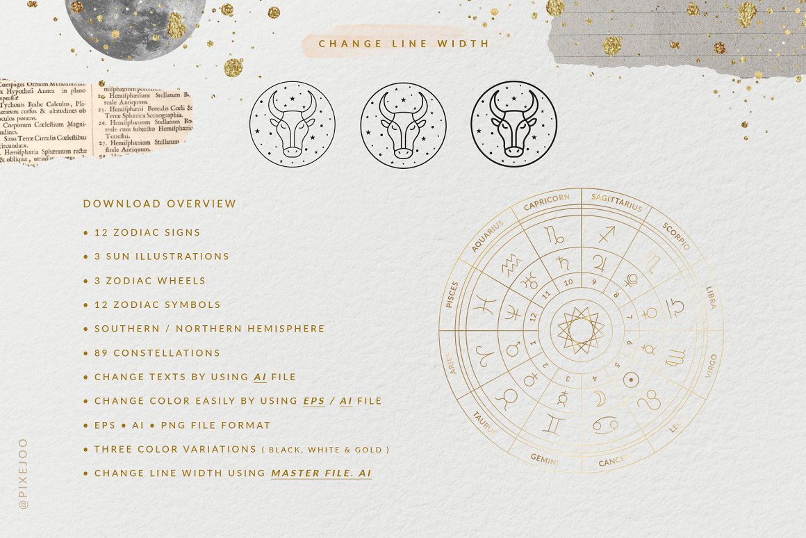 The golden zodiac wheel and 3 examples of zodiac sign, where you can change line width, on a gray background.