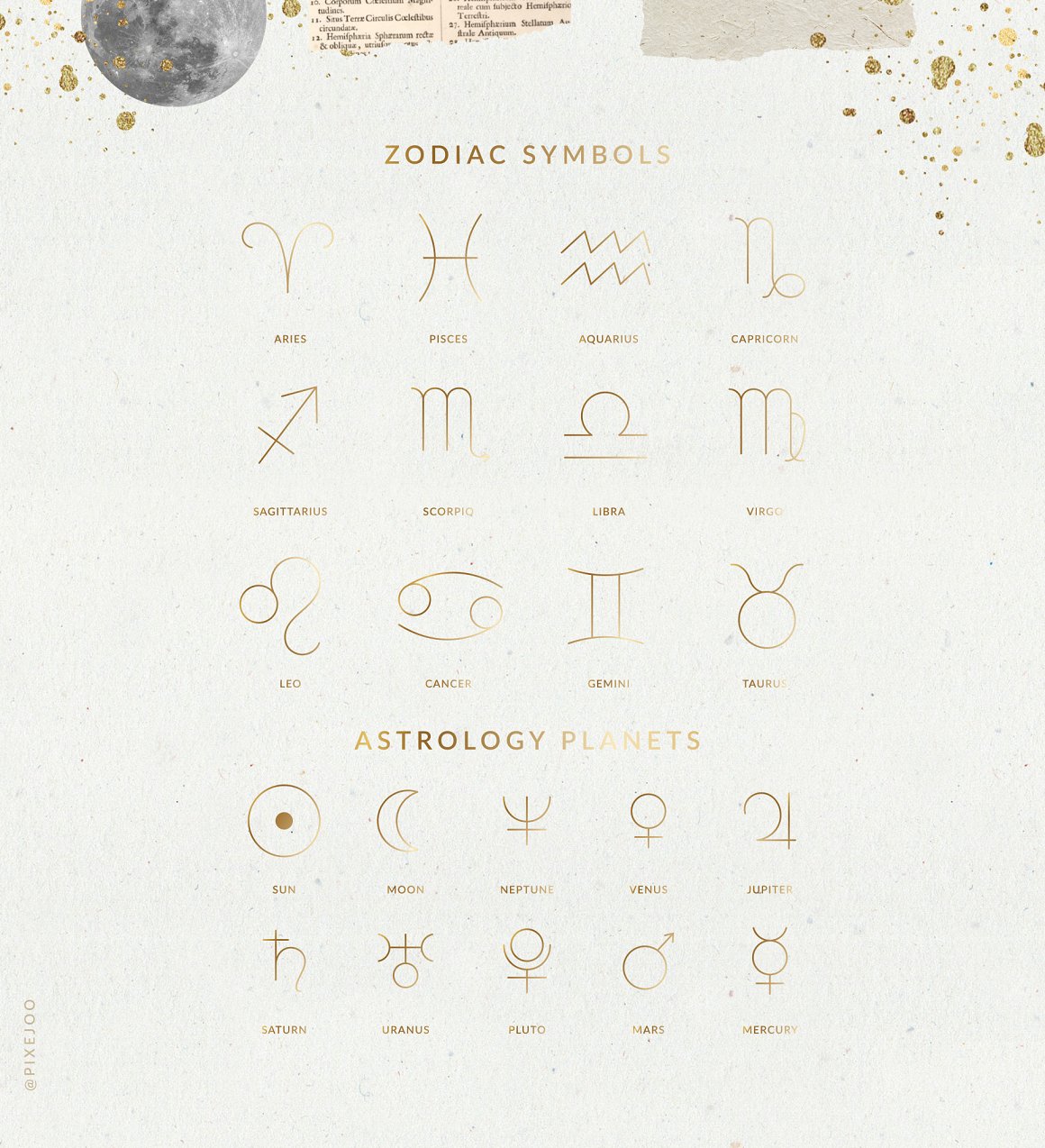A golden set of zodiac symbols and astrology planets on a gray background.