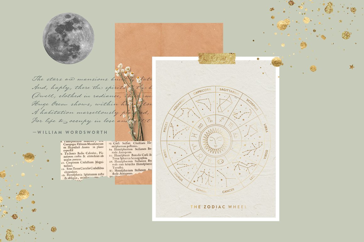 The golden zodiac wheel in a gray background in white frame on a green background.