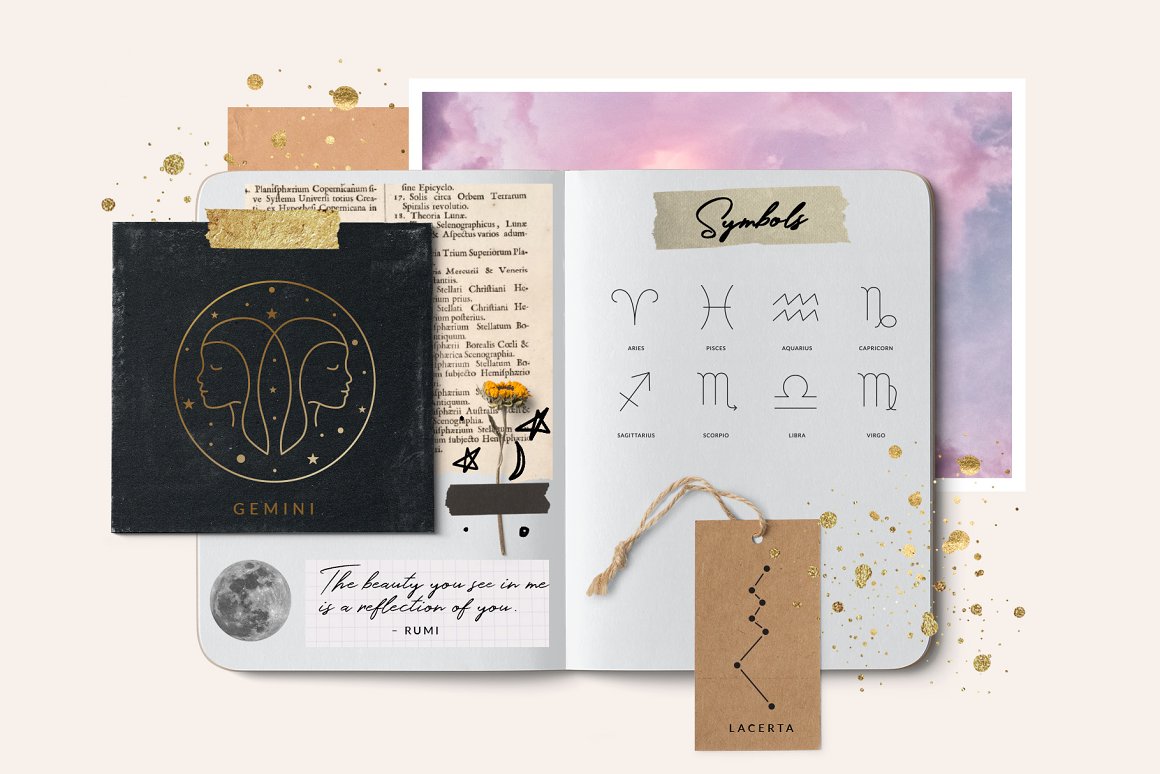 Notebook with black zodiac symbols and black card with a golden zodiac sign - Gemini.