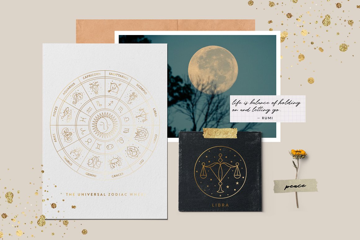Black card with a golden zodiac sign - Libra and white card with the golden universal zodiac wheel.