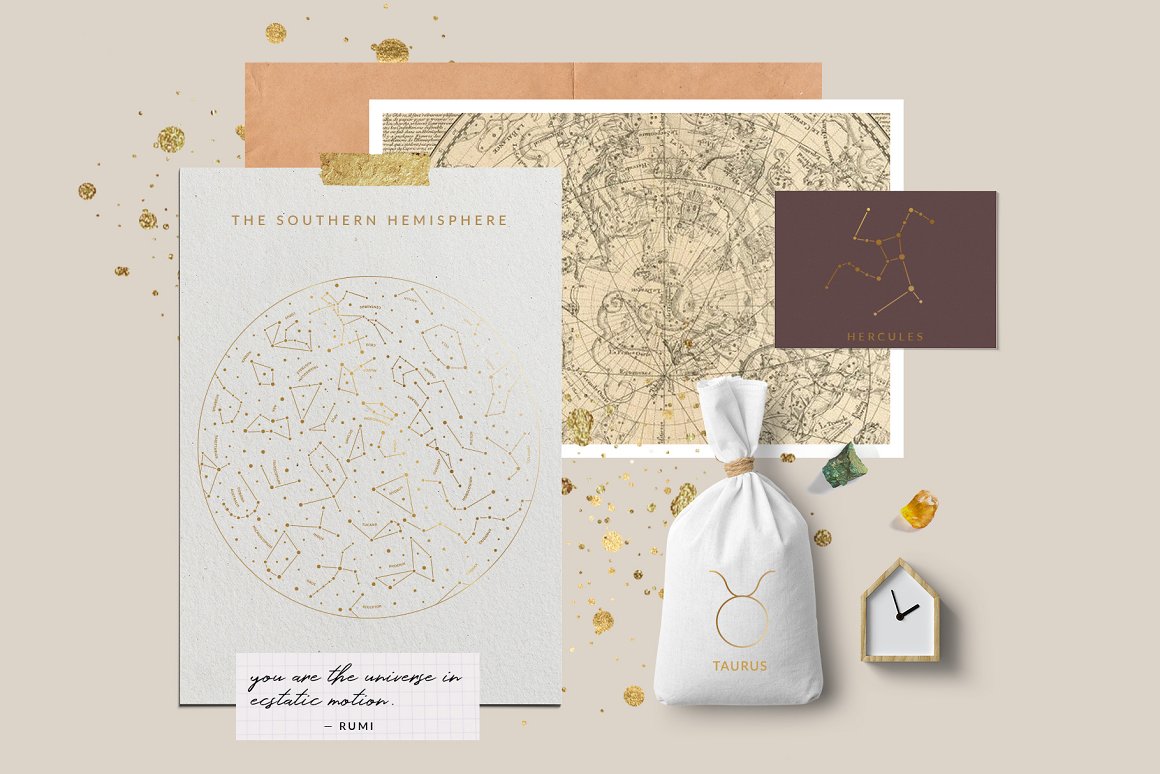 A white pouch with a golden zodiac sign - Taurus and white card with the golden southern nemisphere.