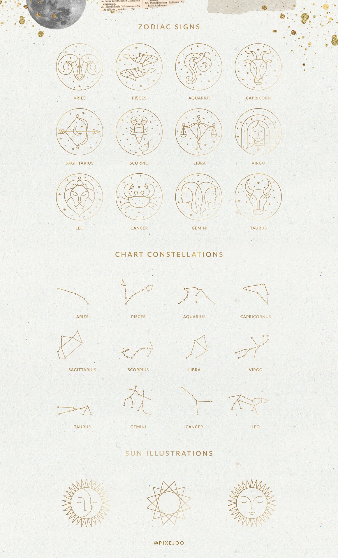 A golden set of zodiac signs, chart constellations and sun illustrations on a gray background.