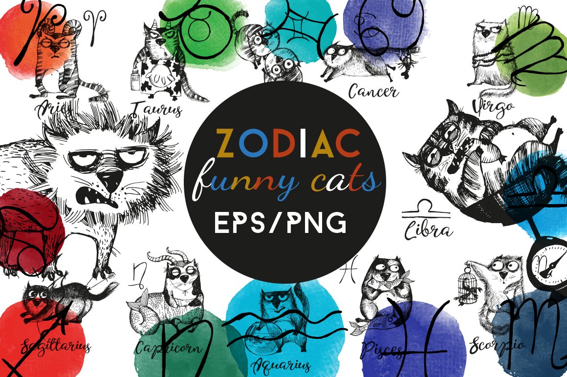 Watercolor funny zodiac cats.